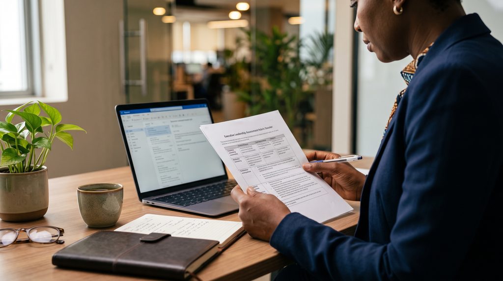 Executive recruitment consultant reviewing candidate competency matrix during a leadership assessment in Victoria Island, Lagos