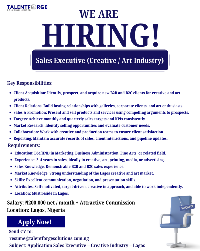 Apply for a hybrid Sales Executive job in Lagos paying ₦200,000 net monthly plus attractive commission. Candidates need 2–4 years of relevant sales experience.