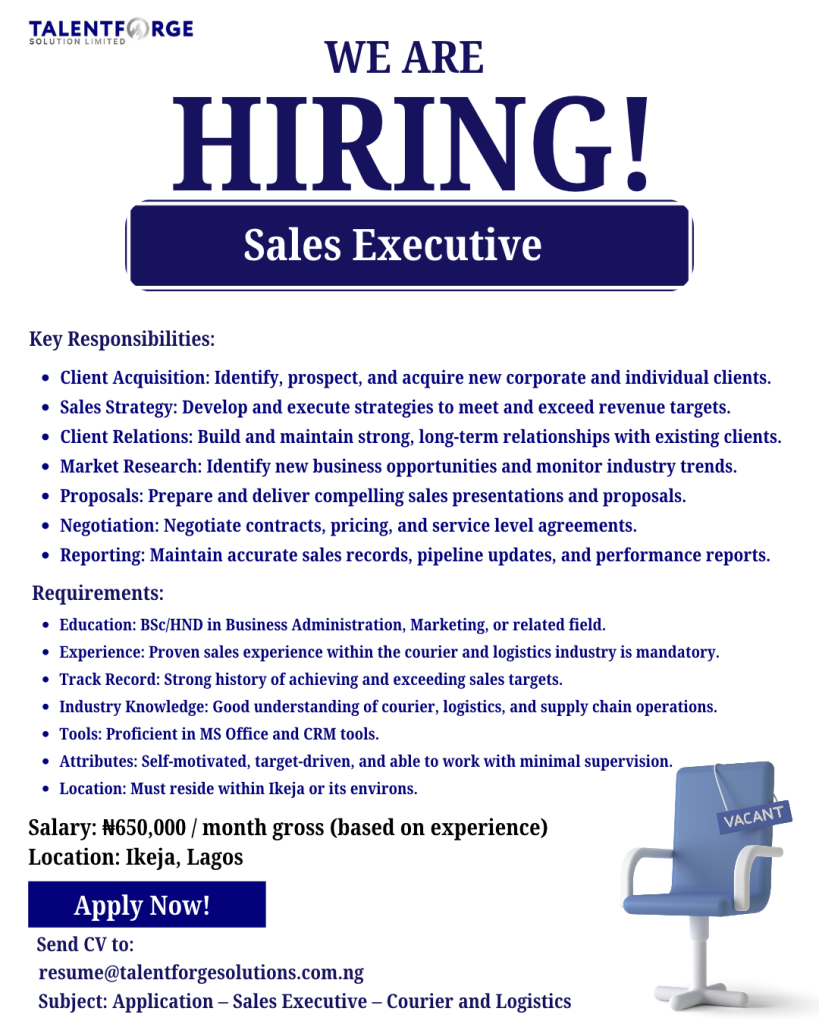 Sales Executive vacancy in Ikeja, Lagos, within the courier and logistics industry, offering up to ₦650,000 gross monthly.