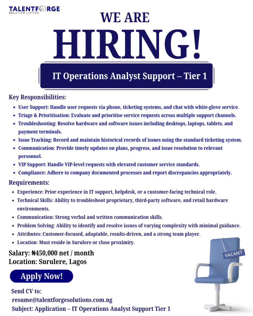 IT Operations Analyst Support Tier 1 vacancy in Surulere, Lagos, offering a net monthly salary of ₦450,000.