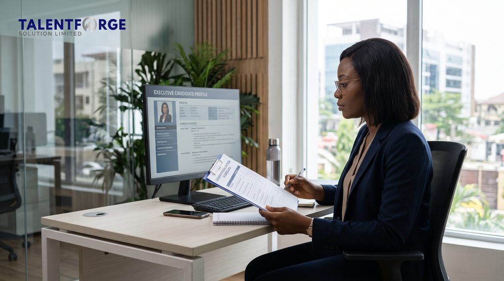 HR professional utilizing corporate hiring services Lagos frameworks to screen executive candidate shortlists