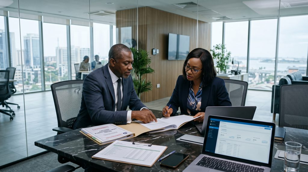 Nigerian business leaders and legal counsel discussing risk mitigation and background verification Lagos reports in a boardroom