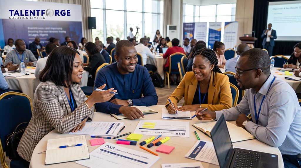 Nigerian corporate team collaborating during a performance upskilling masterclass in Lagos