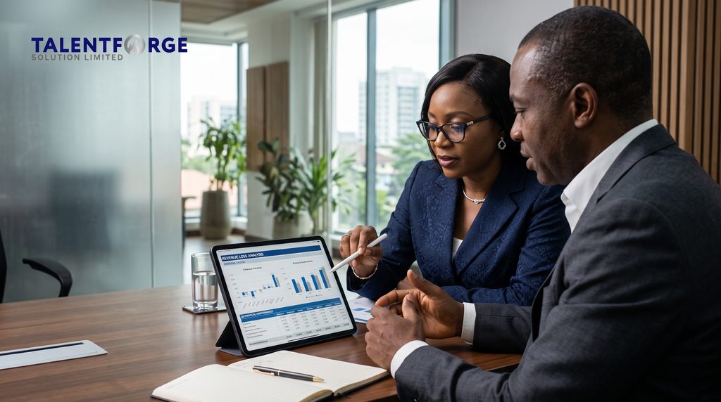 TalentForge Solutions recruitment agency Nigeria team analyzing cost of vacancy in a Lagos corporate office