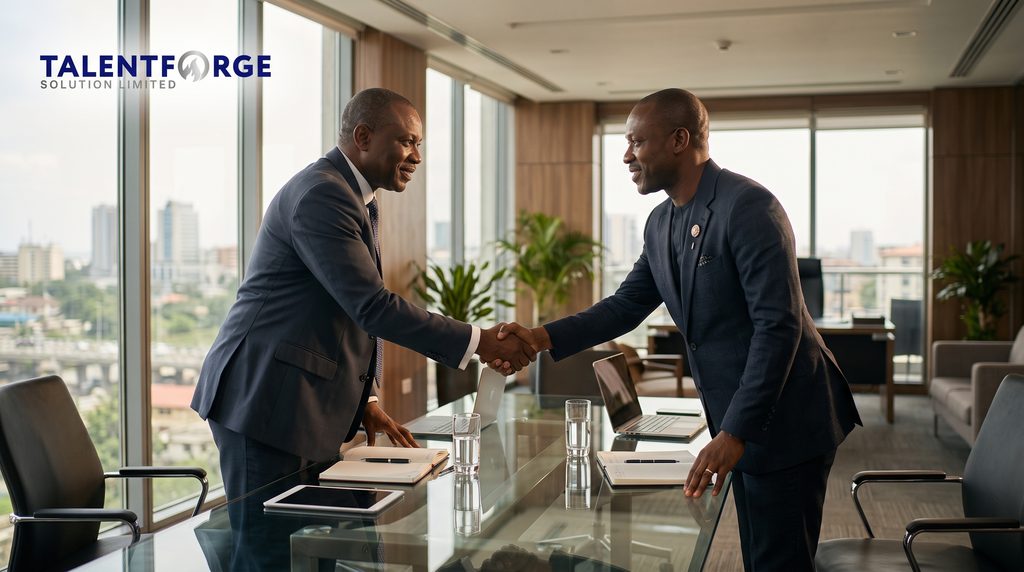 Managing Director and HR consultant shaking hands after an advisory session in Lagos Nigeria