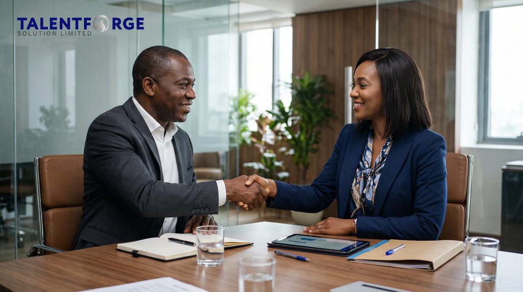 Nigerian business owner shakes hands with a TalentForge Solutions partner in Lagos