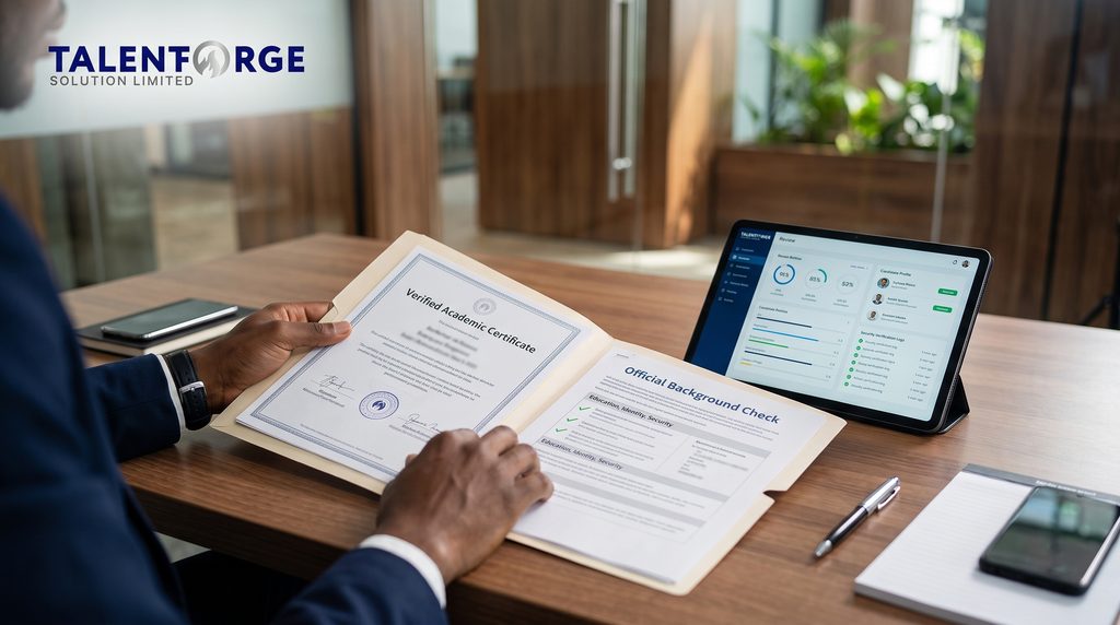 Compliance officer verifying academic credentials and employee verification Lagos documentation