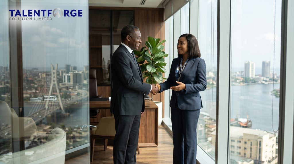 Managing Director finalizing an executive search agreement with TalentForge Solutions leadership in Nigeria