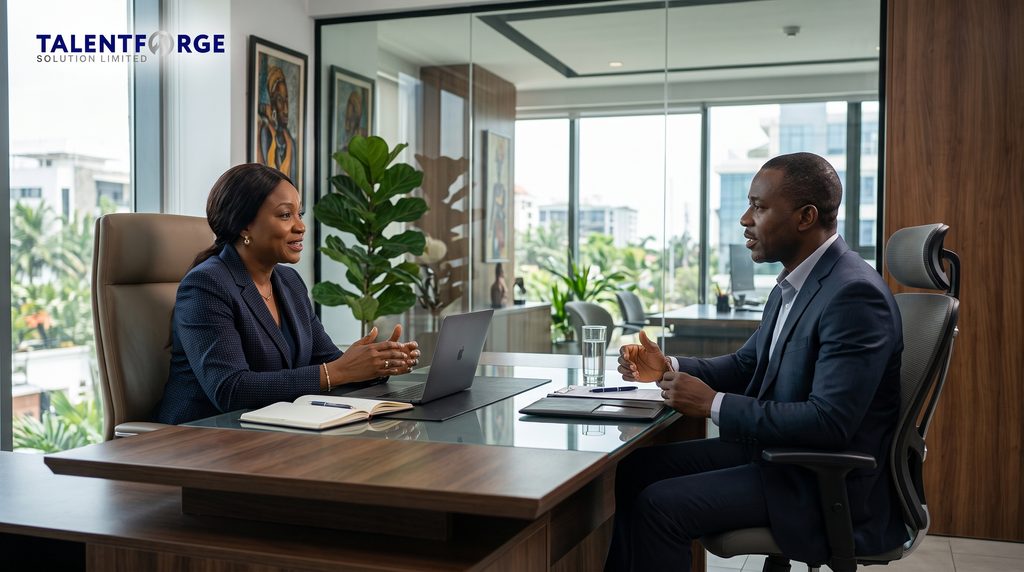 TalentForge recruitment consultant conducting an executive interview in Lagos Nigeria