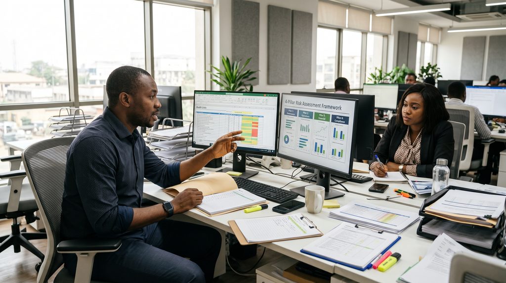 A TalentForge Solutions compliance specialist reviewing structured candidate background audits in a Lagos office