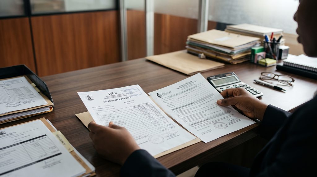 Close-up of tax computation schedules, PenCom compliance files, and LIRS remittance sheets on an executive desk in Lagos