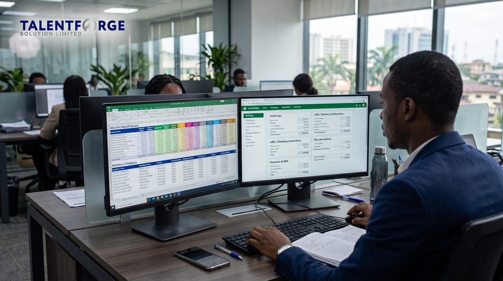 Financial and HR specialist reviewing payroll outsourcing Nigeria tax and pension documentation