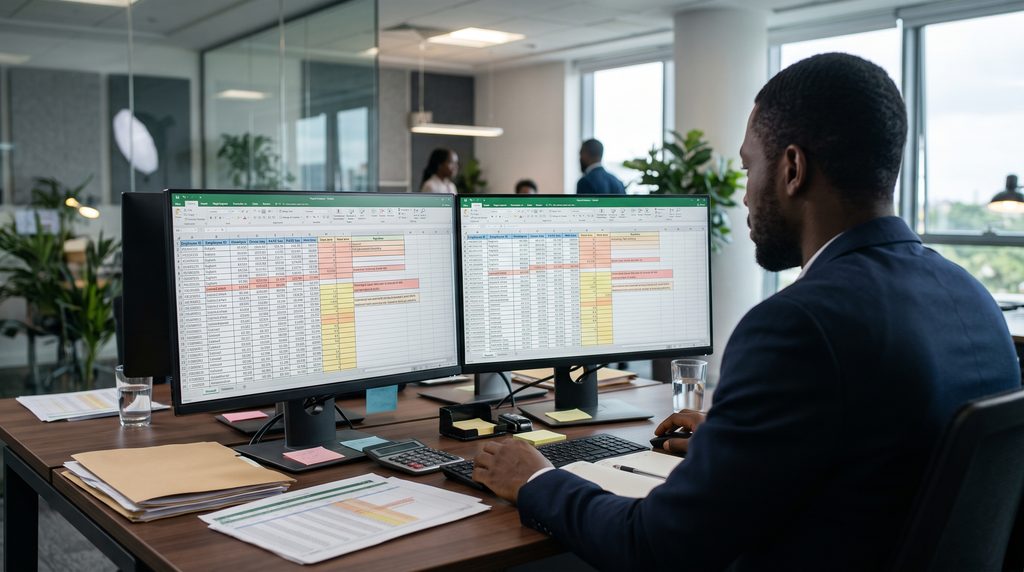 Finance manager analyzing complex payroll formulas and tax variance errors on an office computer in Lagos