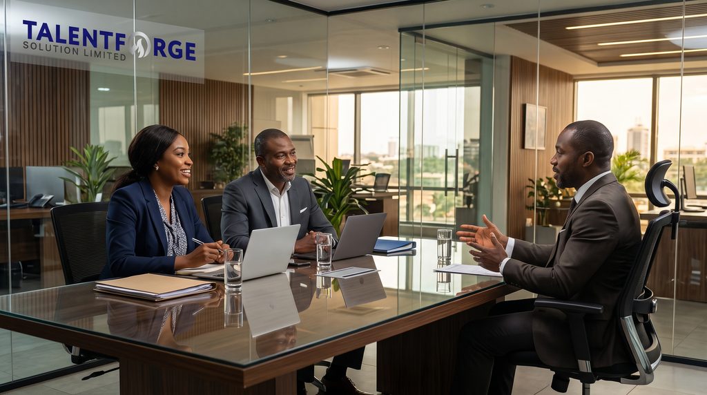 TalentForge recruitment agency Nigeria consultant conducting an executive interview panel in a Lagos boardroom