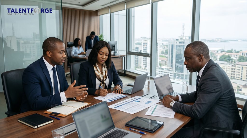 TalentForge Solutions workforce strategy consultants reviewing employee lifecycle management and EOR compliance in Nigeria