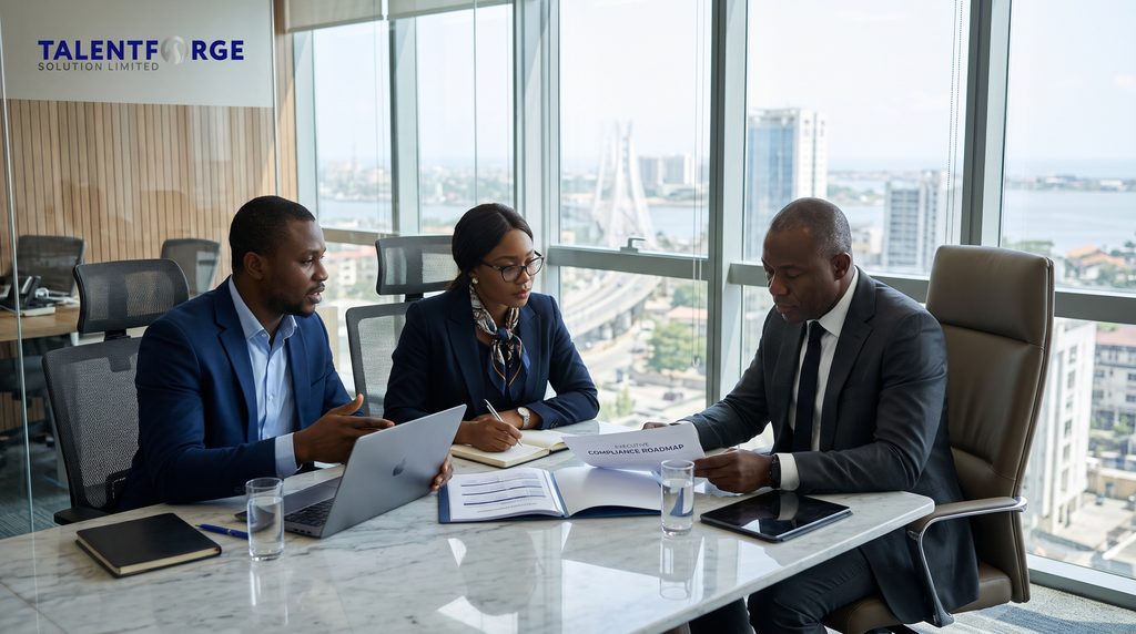 TalentForge Solutions HR process outsourcing consultants meeting with a corporate CFO in a Lagos boardroom