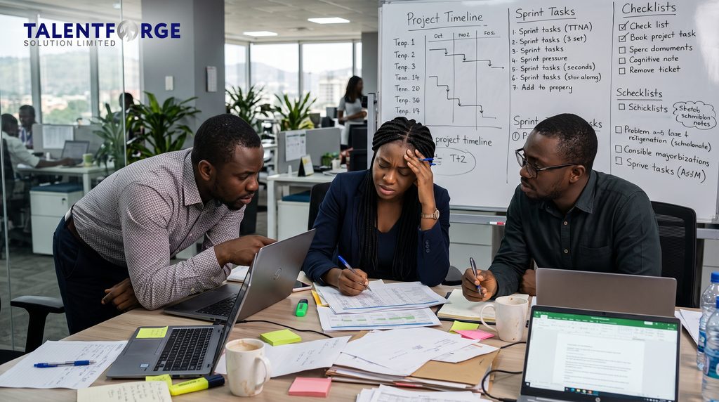 Nigerian business team managing heavy project workload and cross-functional operational bottlenecks in Abuja